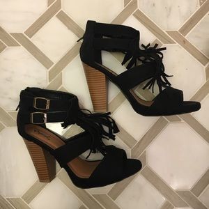 Black suede fringe heels